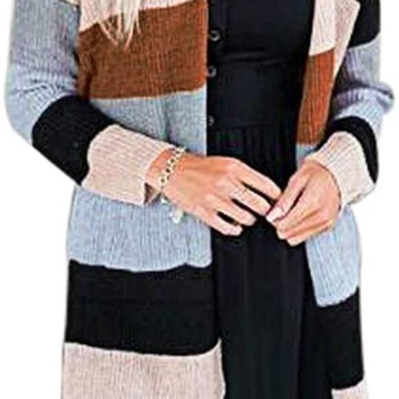 Women's Neutral Striped Long-Sleeve Open-Front Knit Cardigan Size Large - Picture 6 of 10